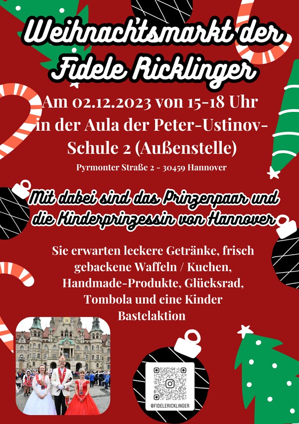 Weihnachtsmarkt der Fidelen Ricklinger am Sa., 02.12.2023, 15-18 Uhr Aula der Peter-Ustinov-Schule 2, Pyrmoner-Str. 2, 30459 Hannover