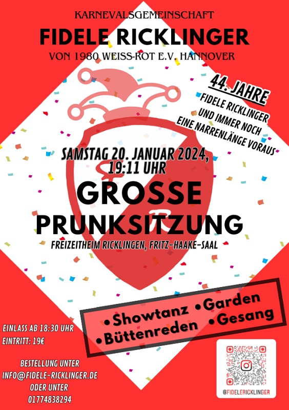 Jubiläumsprunksitzung Fidele Ricklinger am  Sa., 20.01.2024, 19:11 Uhr (Einlass ab 18:30 Uhr) im  Stadtteilzentrum Ricklingen, Fritz-Haake-Saal, Anne-Stache-Allee 7, 30459 Hannover